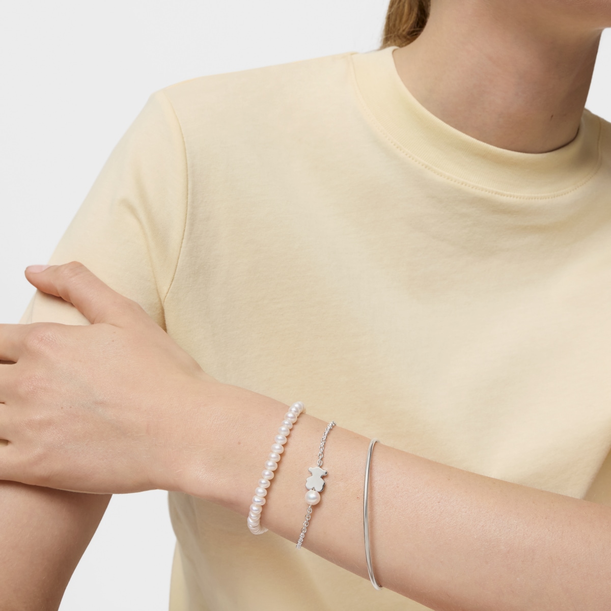 Silver Chain bracelet, bear charm and cultured pearl Sweet Dolls