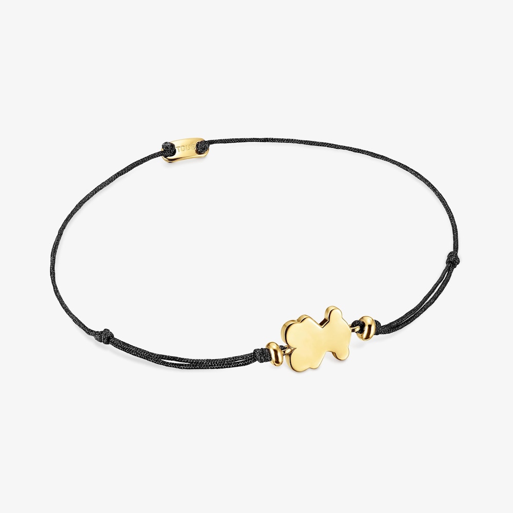 Pulsera con ba&ntilde;o de oro 18 kt sobre plata y nylon negro con motivo oso Sweet Dolls