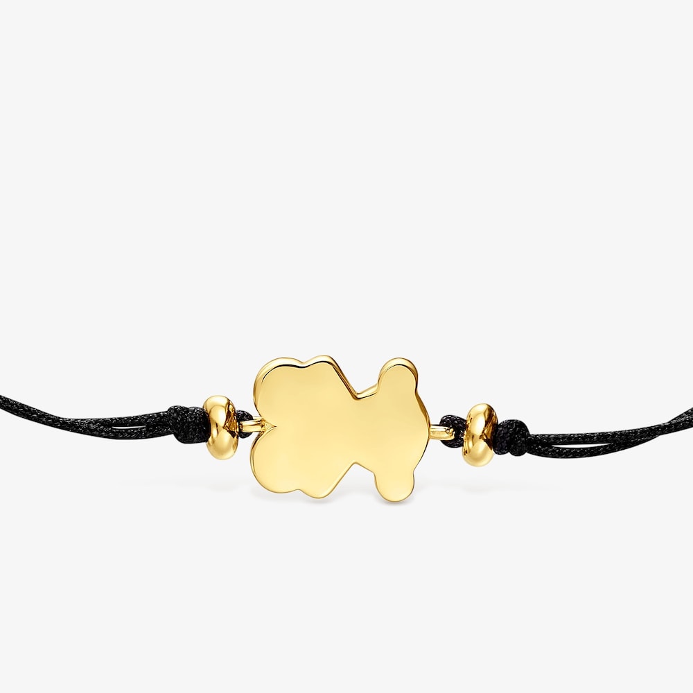 Pulsera con ba&ntilde;o de oro 18 kt sobre plata y nylon negro con motivo oso Sweet Dolls
