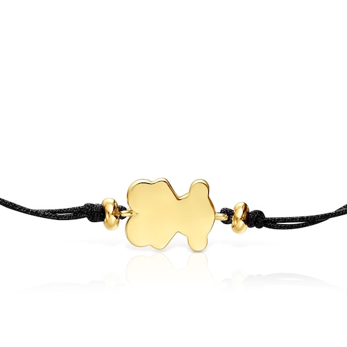 Pulsera con ba&ntilde;o de oro 18 kt sobre plata y nylon negro con motivo oso Sweet Dolls