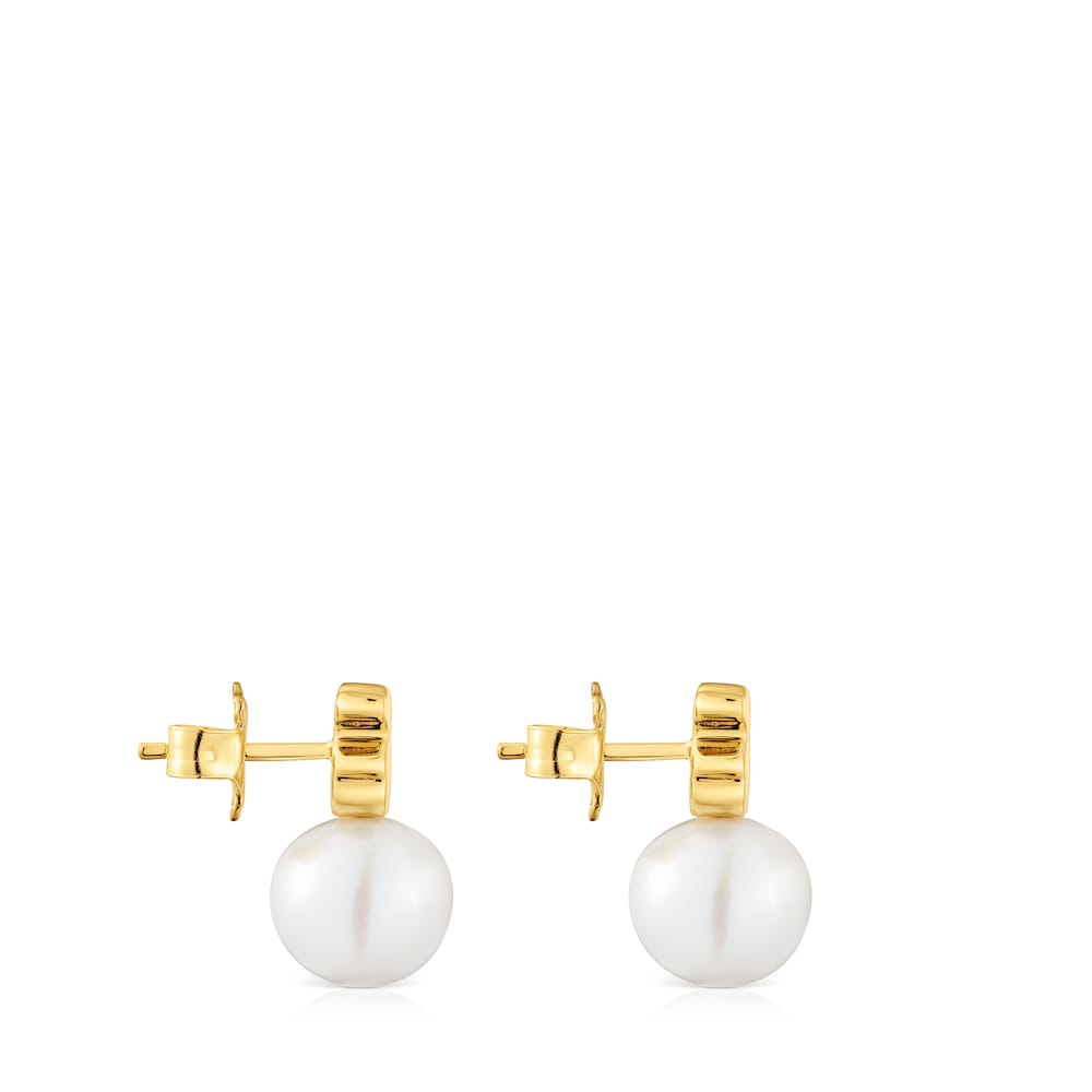 18kt gold plating over silver Bear earrings with cultured freshwater pearl Sweet Dolls image number 1