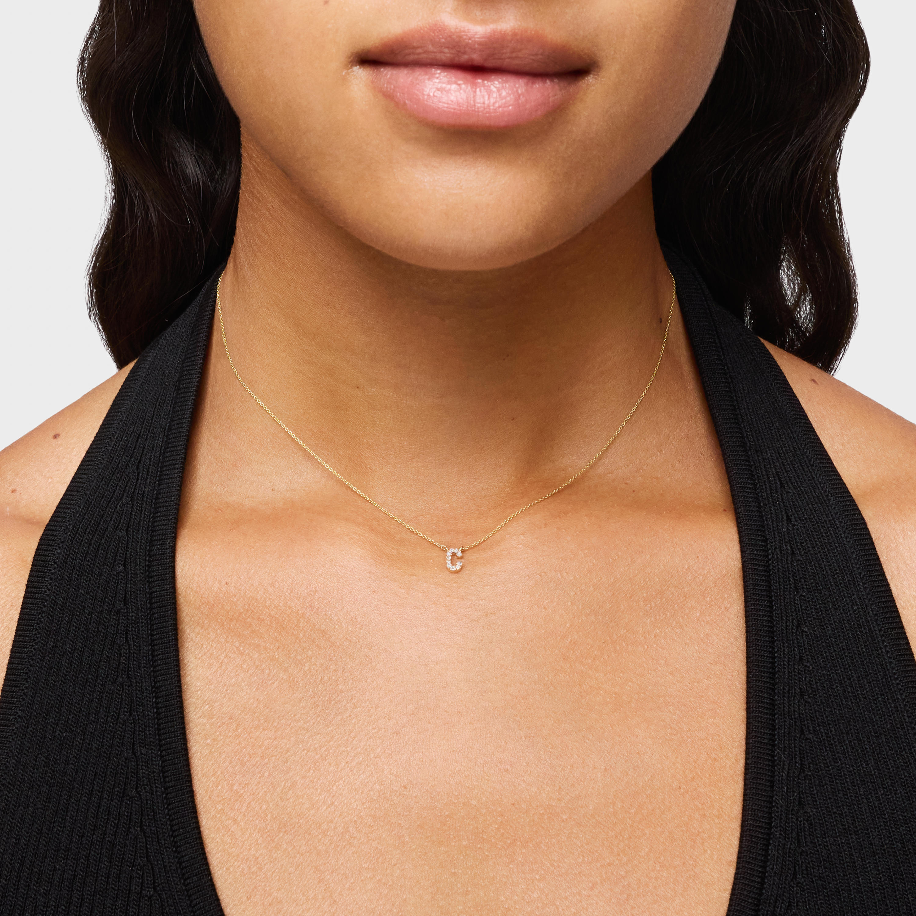 Short 18K solid gold letter C Necklace with 0.05 ct diamonds Alphabet