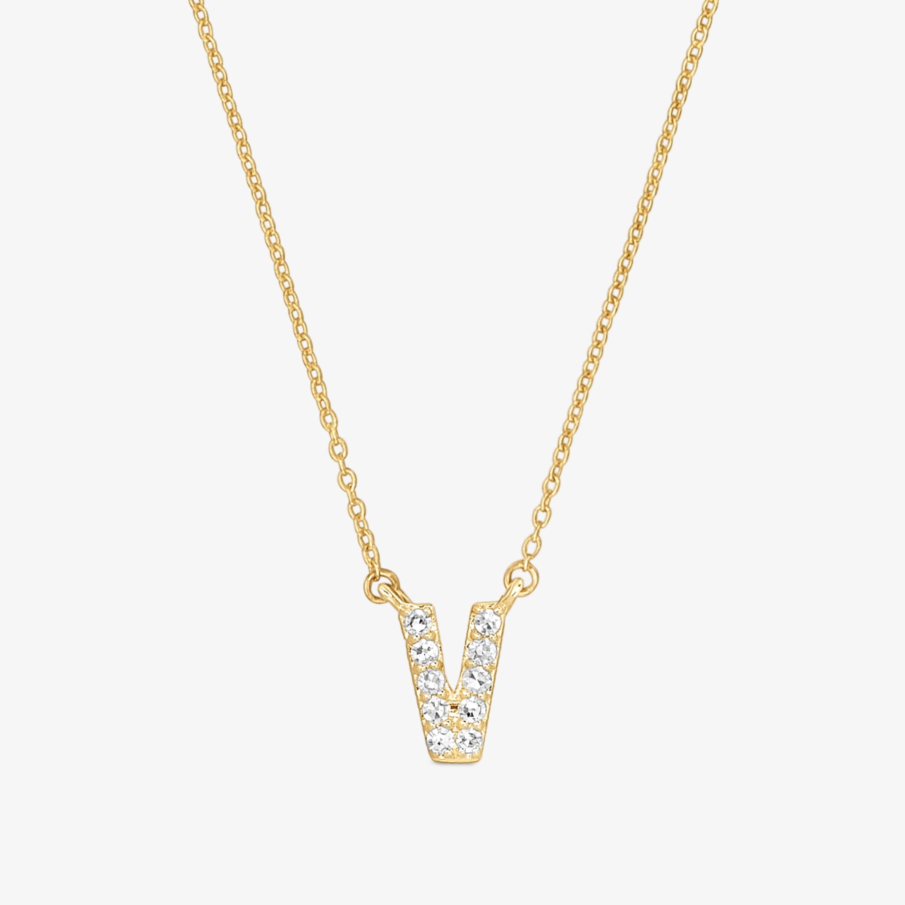 Short 18K solid gold letter V Necklace with 0.05 ct diamonds