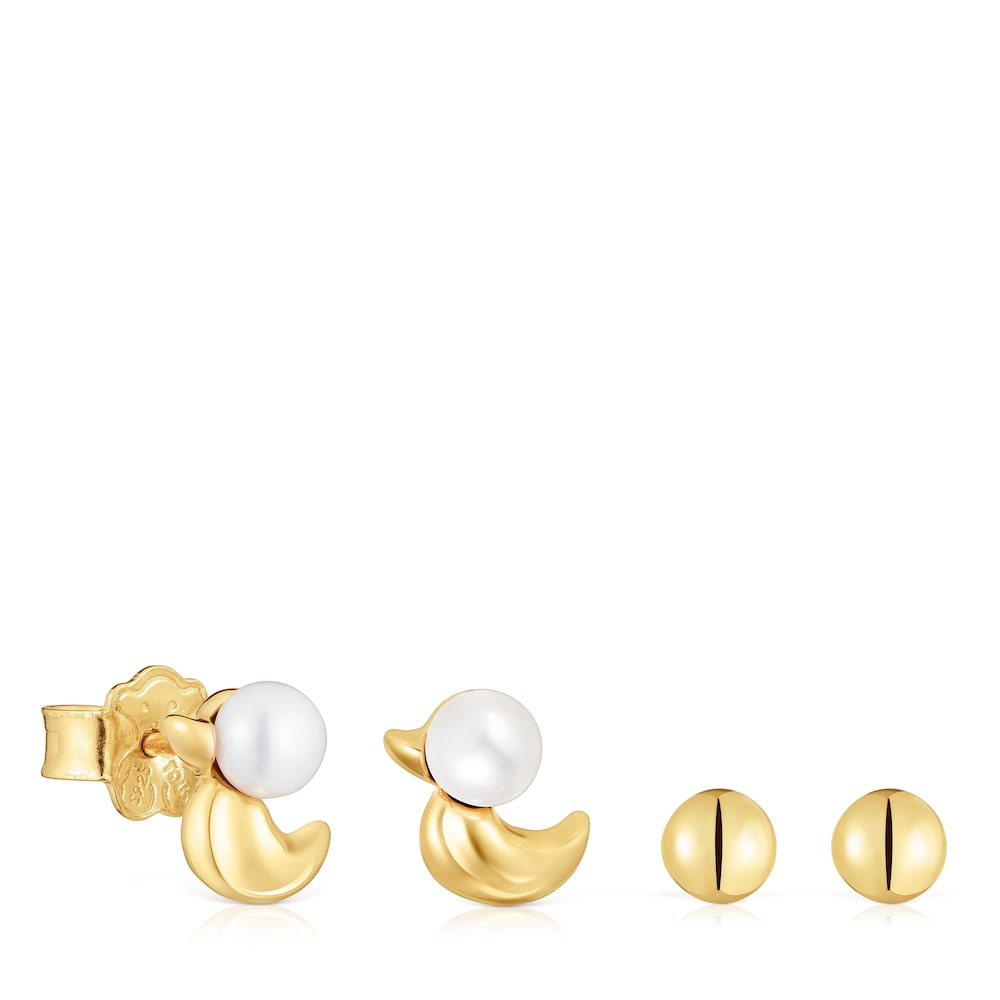 Pack de pendientes con baño de oro 18 kt sobre plata motivo pato y perlas cultivadas Virtual Garden image number 0