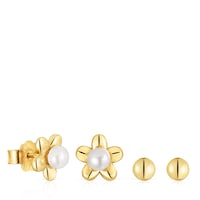 Pack de pendientes con baño de oro 18 kt sobre plata motivo flor y perlas cultivadas Virtual Garden