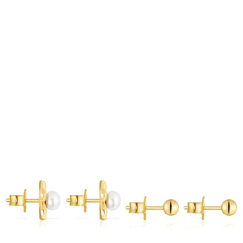 18kt gold plating over silver set of Earrings with flower motif and cultured pearls Virtual Garden