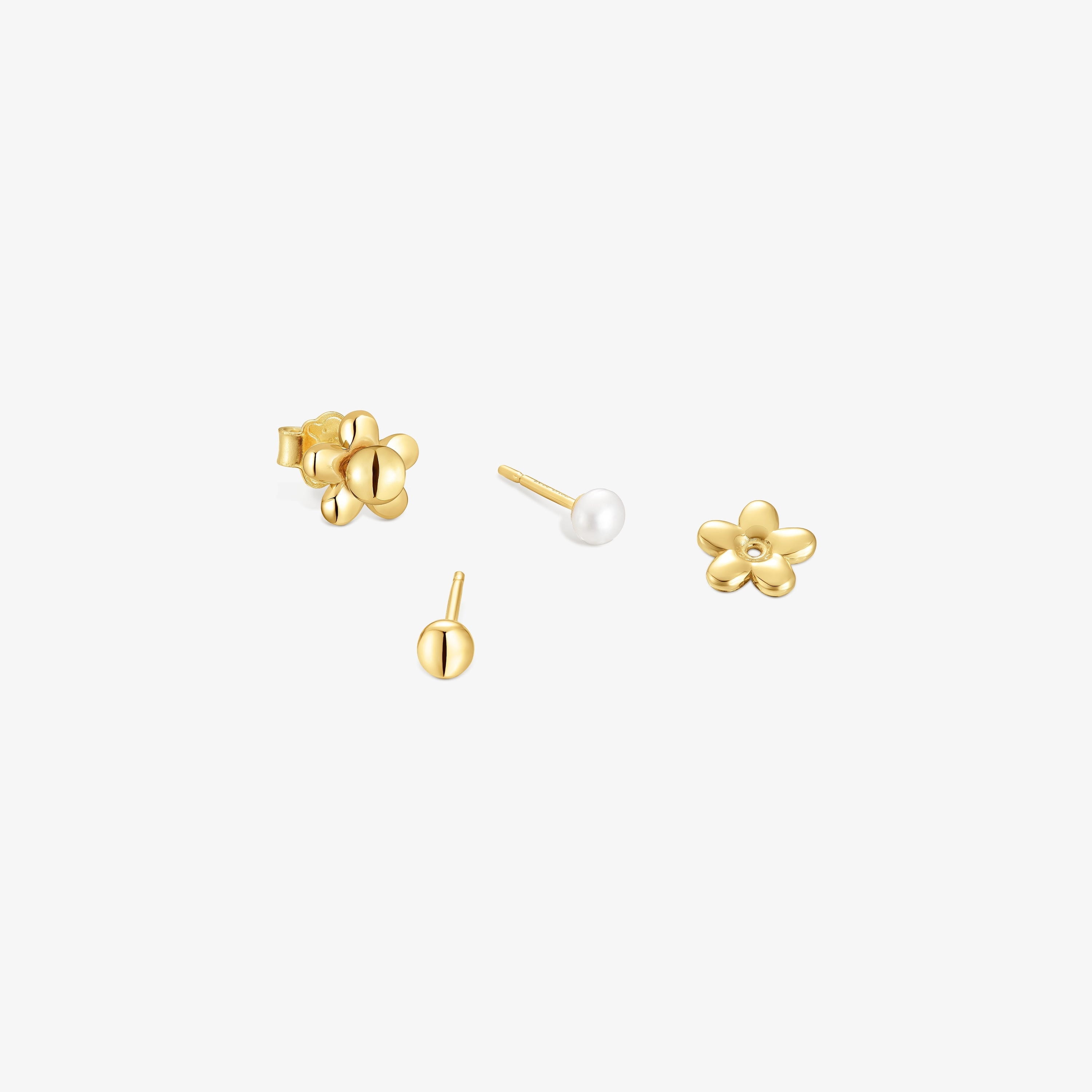 18kt gold plating over silver set of Earrings with flower motif and cultured pearls Virtual Garden