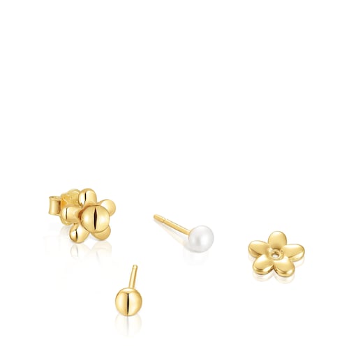 18kt gold plating over silver set of Earrings with flower motif and cultured pearls Virtual Garden