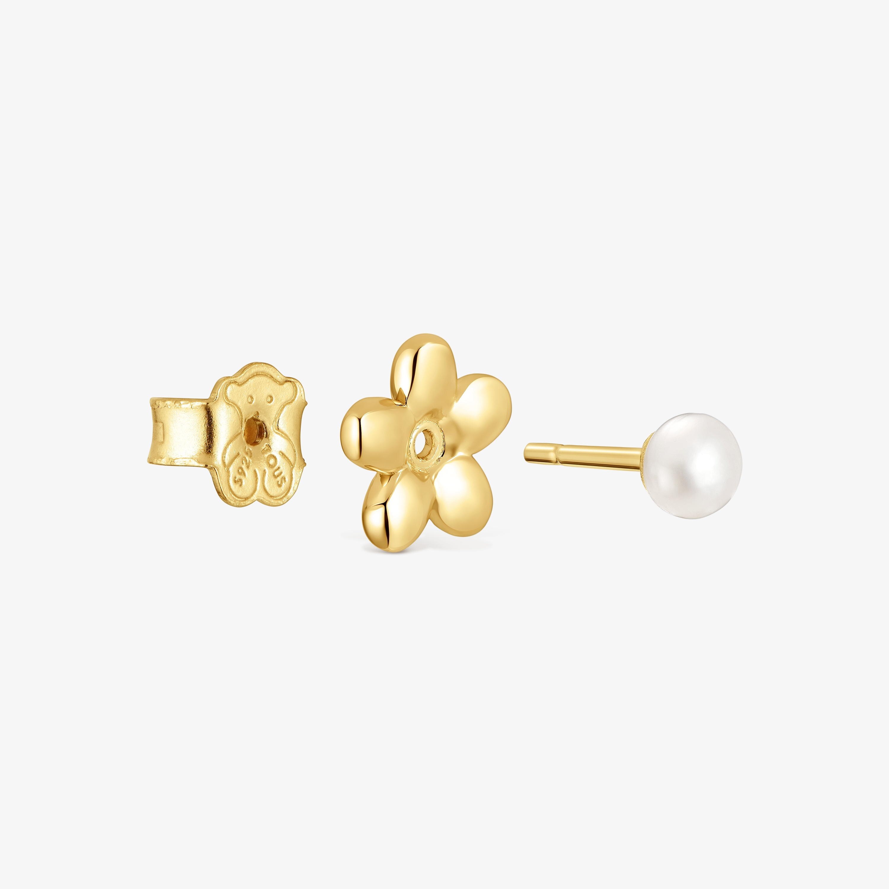 18kt gold plating over silver set of Earrings with flower motif and cultured pearls Virtual Garden