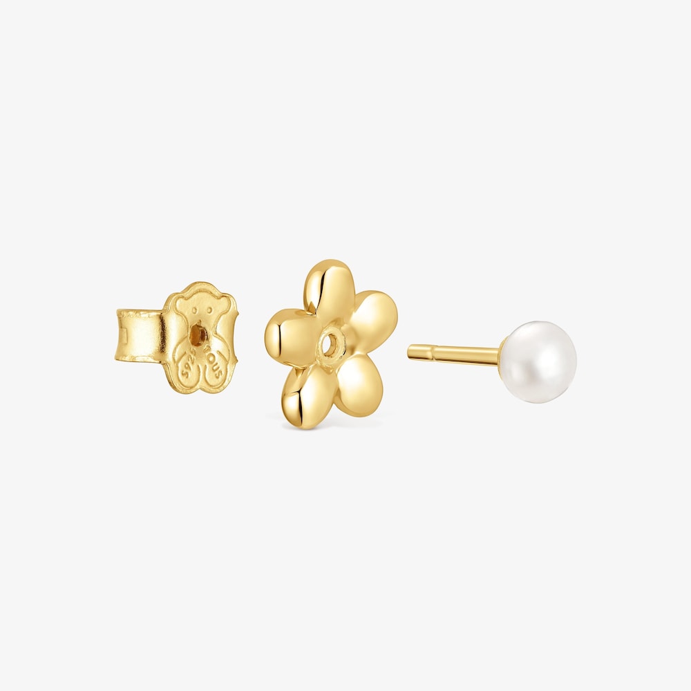 18kt gold plating over silver set of Earrings with flower motif and cultured pearls Virtual Garden
