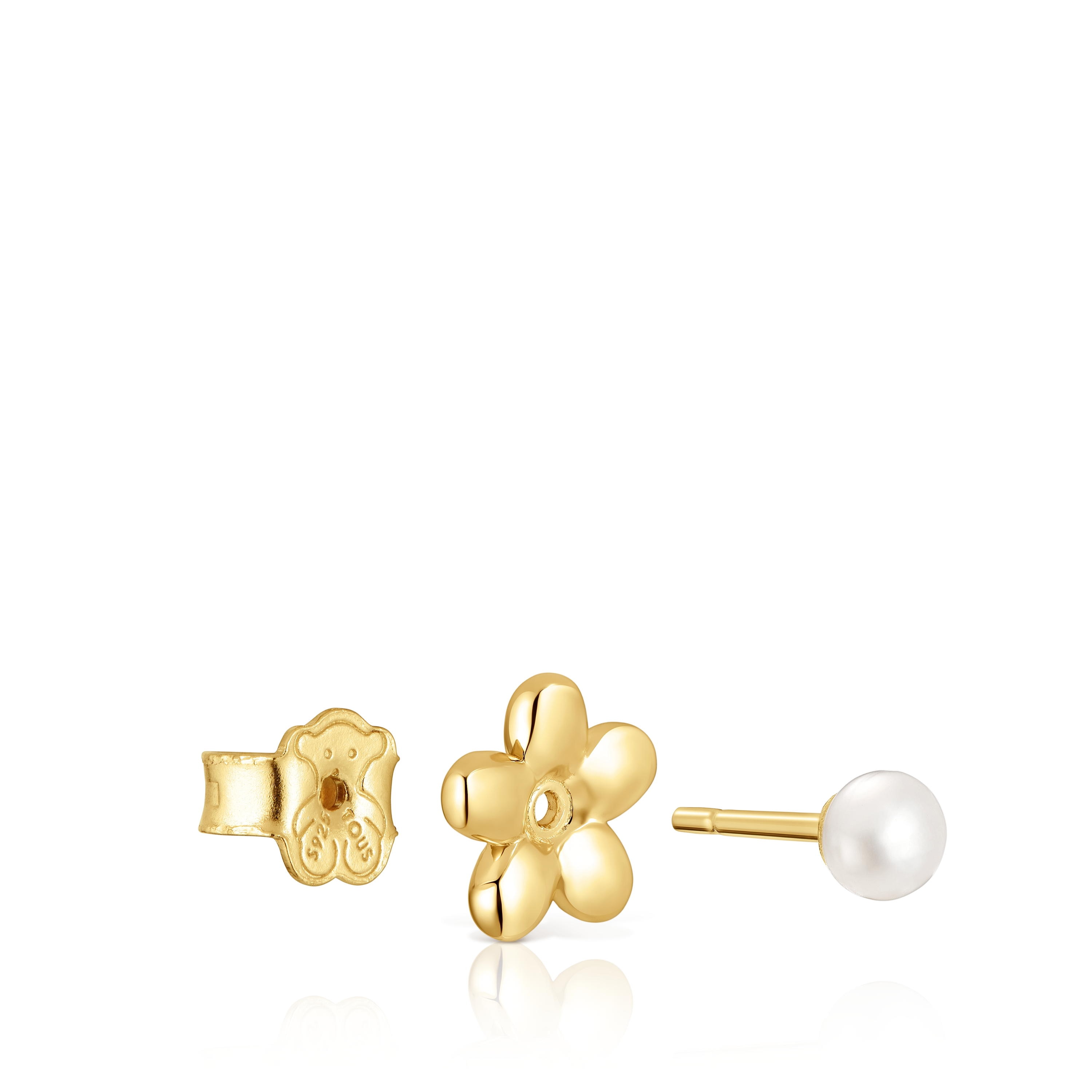 18kt gold plating over silver set of Earrings with flower motif and cultured pearls Virtual Garden