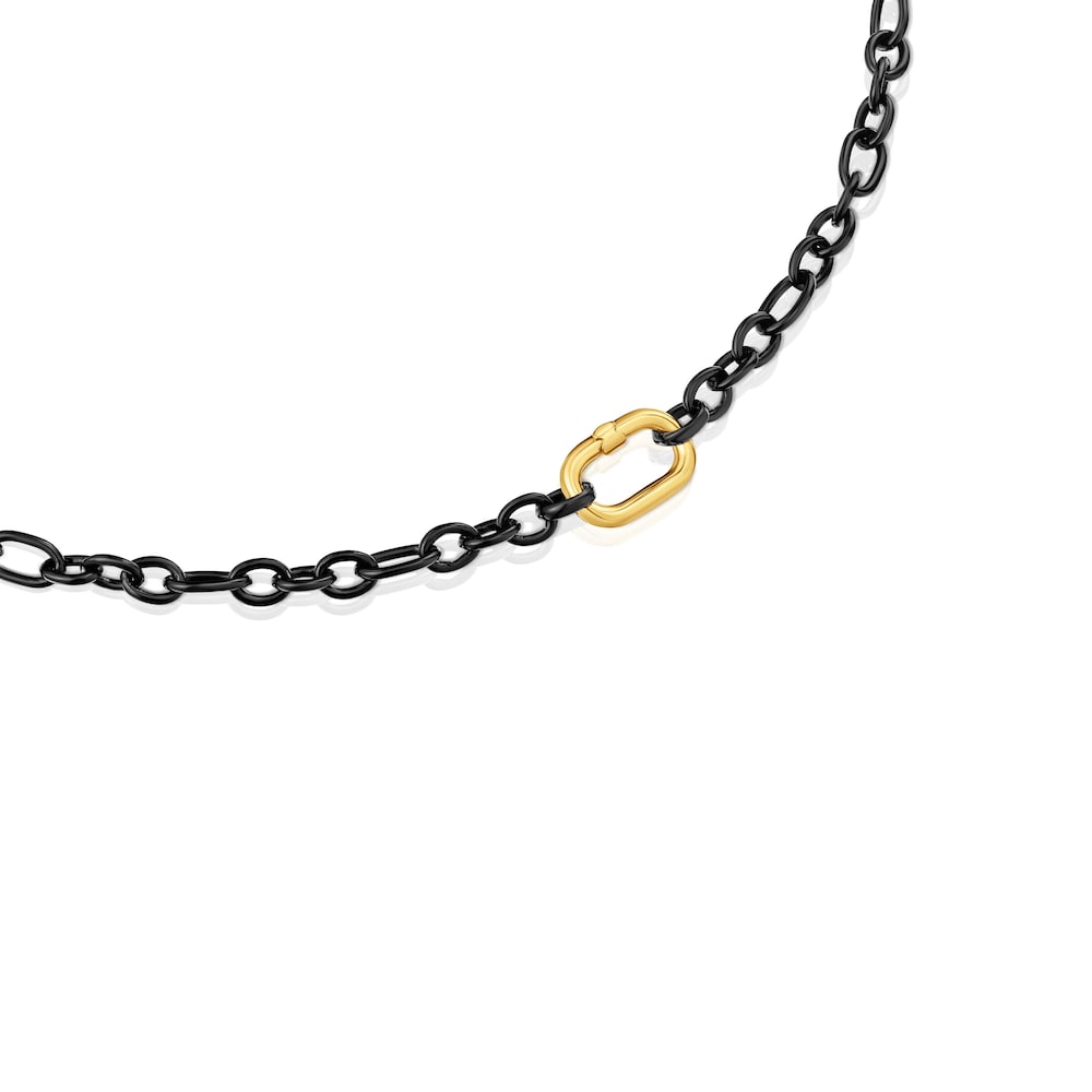 Short dark silver Necklace with 18kt gold plating over silver ring Hold Oval image number 1