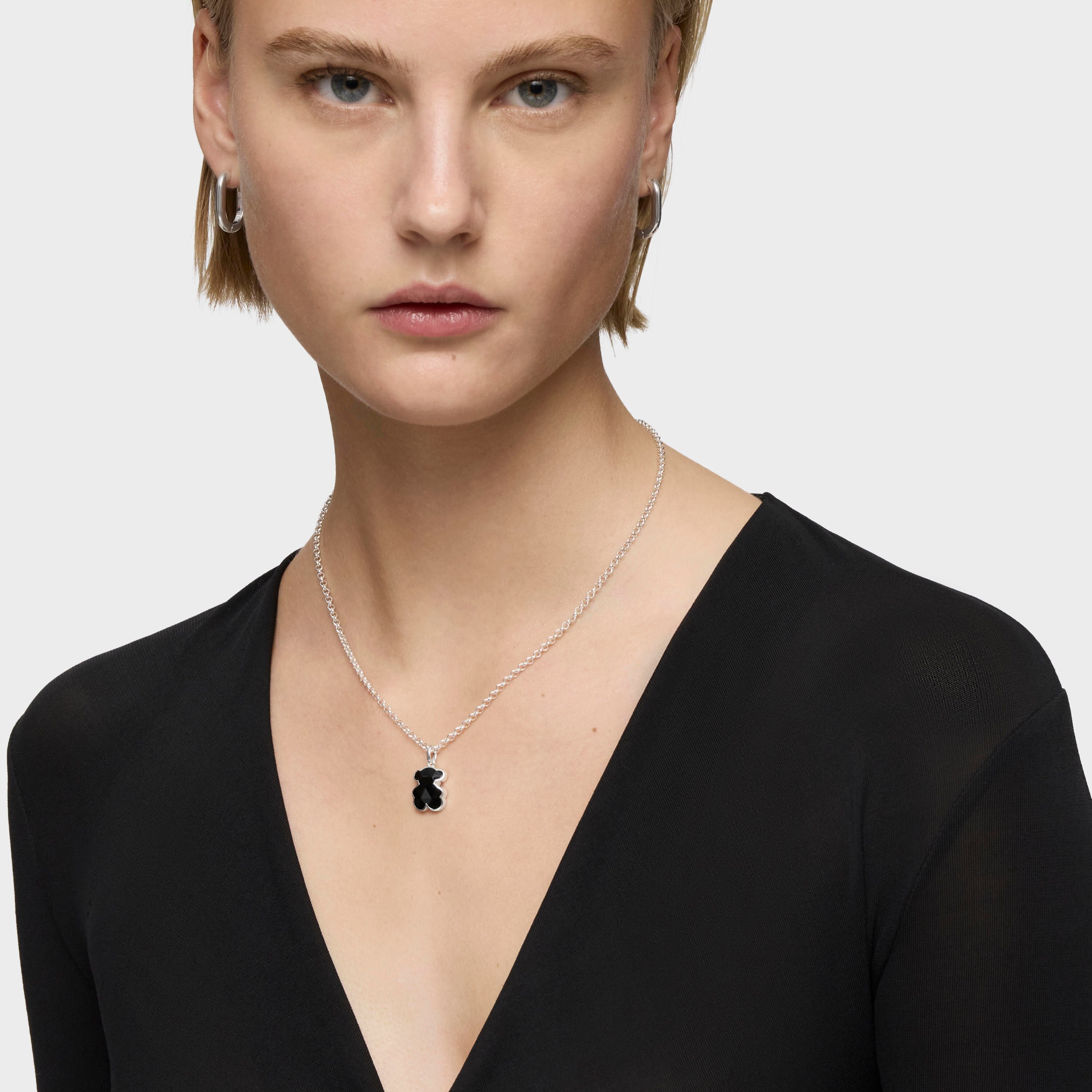 Small silver Pendant with onyx bear charm TOUS Icon Color