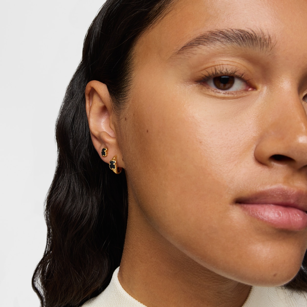 10 mm 18kt gold over silver Hoop earrings with onyx bear motif TOUS Icon Color