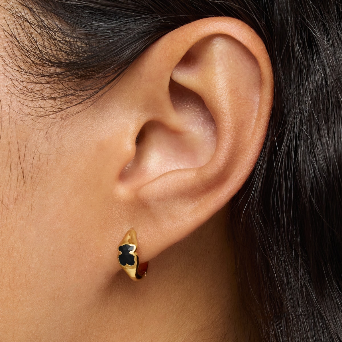 10 mm 18kt gold over silver Hoop earrings with onyx bear motif TOUS Icon Color