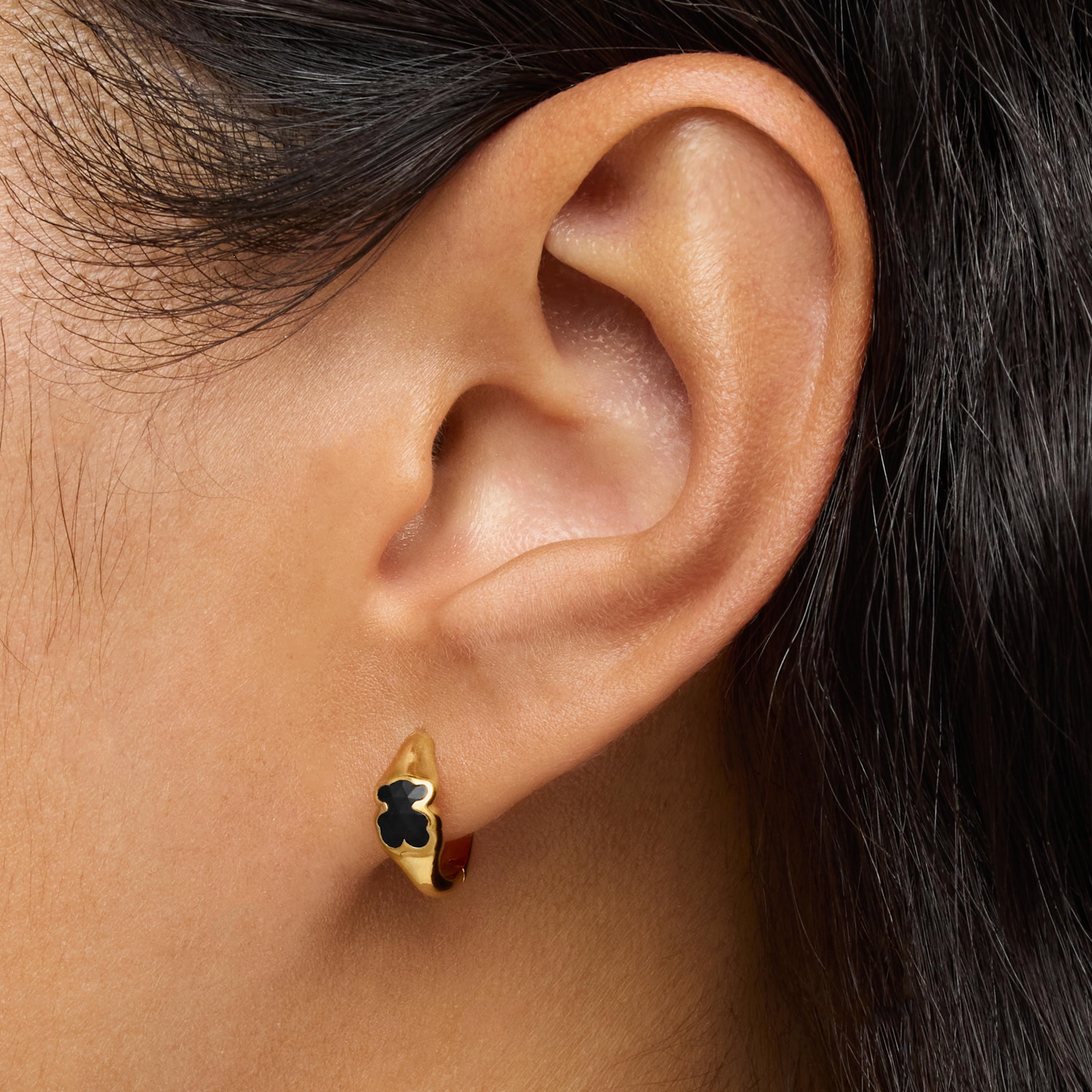 10 mm 18kt gold over silver Hoop earrings with onyx bear motif TOUS Icon Color