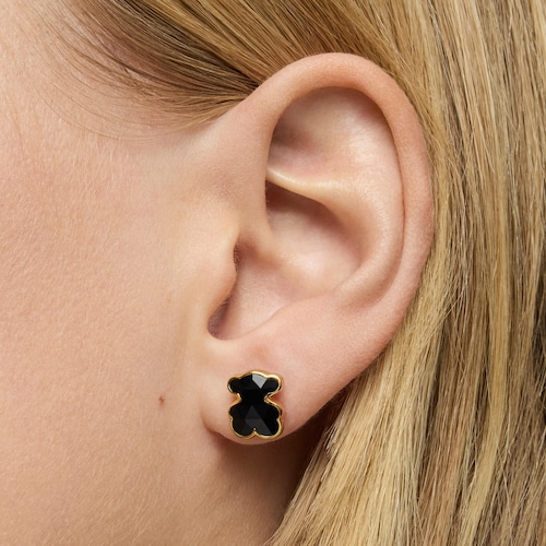 10 mm 18kt gold plating over silver and onyx bear Earrings TOUS Icon Color