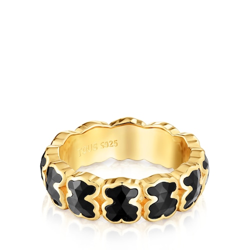 Medium 18kt gold plating over silver Ring with onyx bears TOUS Icon Color