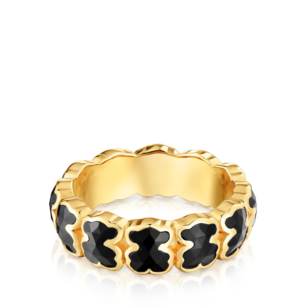 Medium 18kt gold plating over silver Ring with onyx bears TOUS Icon Color