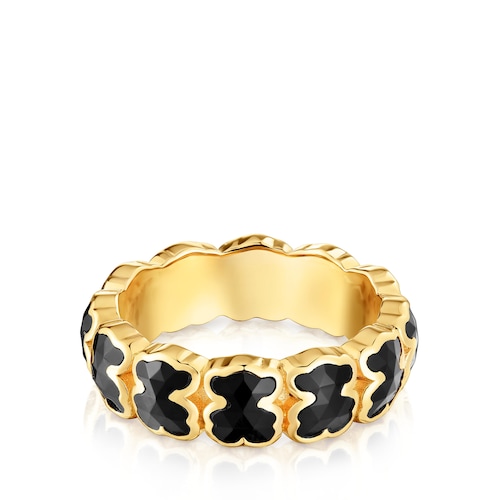Medium 18kt gold plating over silver Ring with onyx bears TOUS Icon Color