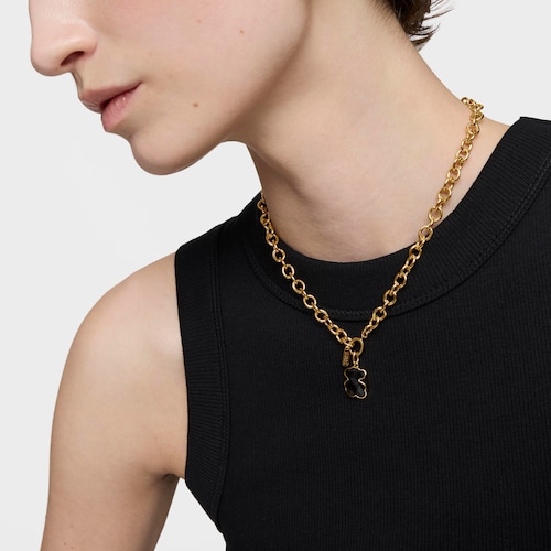 Colgante pequeño con baño de oro 18 kt sobre plata y motivo oso en ónix Icon Color