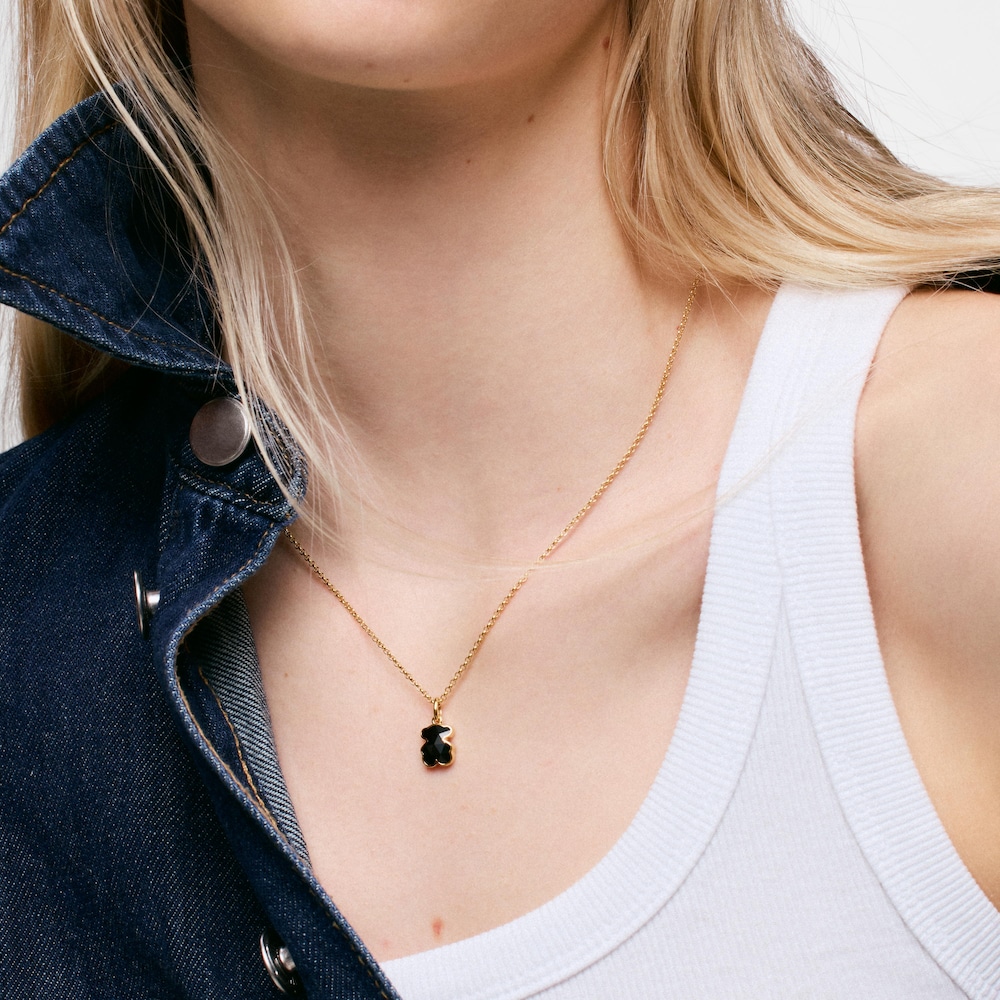Kurze Halskette TOUS Icon Color aus 18&nbsp;kt vergoldetem Silber mit B&auml;renmotiven aus Onyx