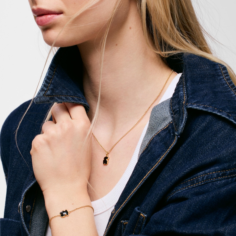 Kurze Halskette TOUS Icon Color aus 18&nbsp;kt vergoldetem Silber mit B&auml;renmotiven aus Onyx