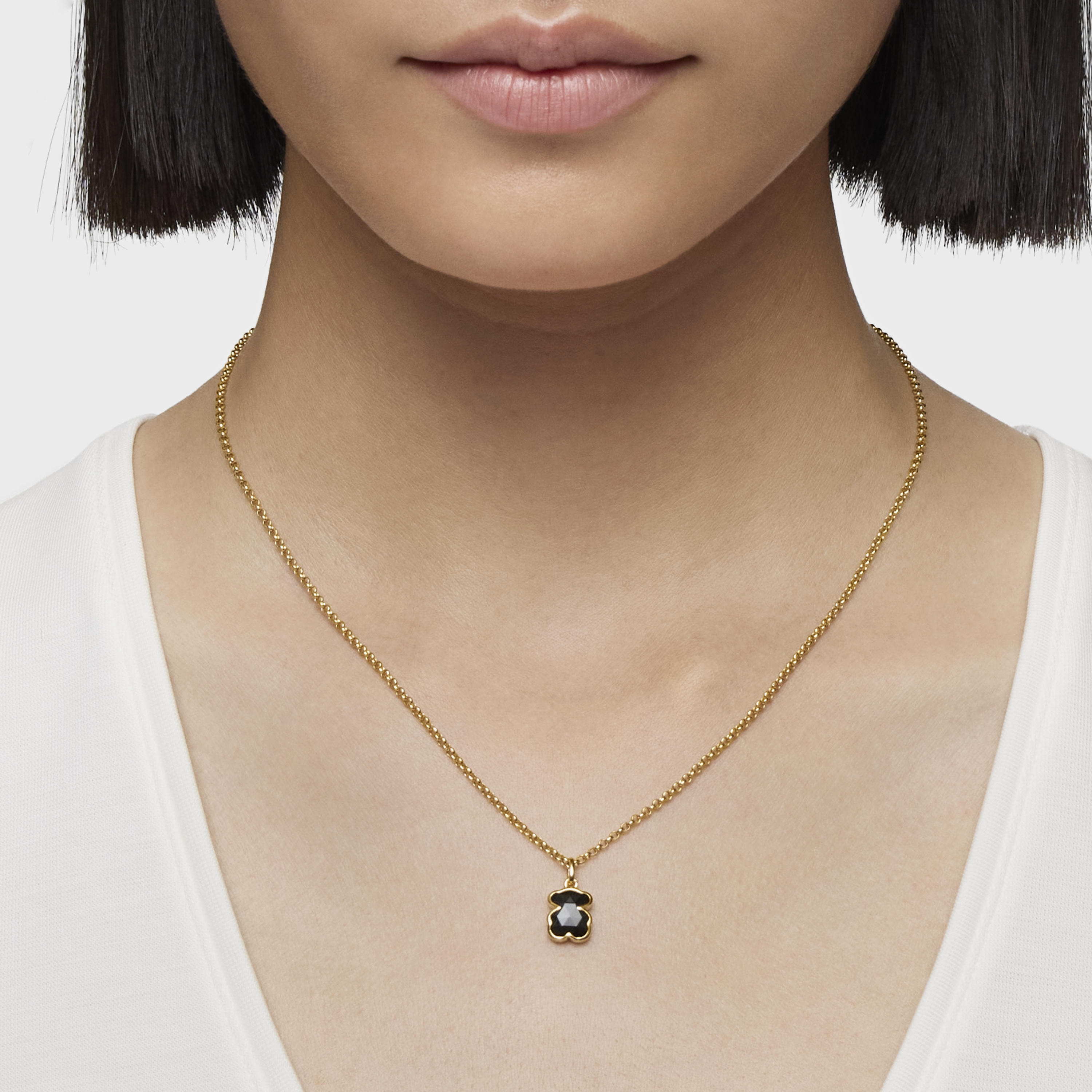 Collar corto con baño de oro 18 kt sobre plata y motivo oso en ónix Icon Color