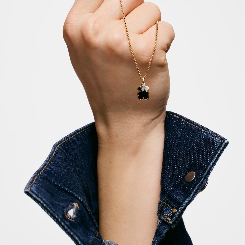Kurze Halskette TOUS Icon Color aus 18&nbsp;kt vergoldetem Silber mit B&auml;renmotiven aus Onyx