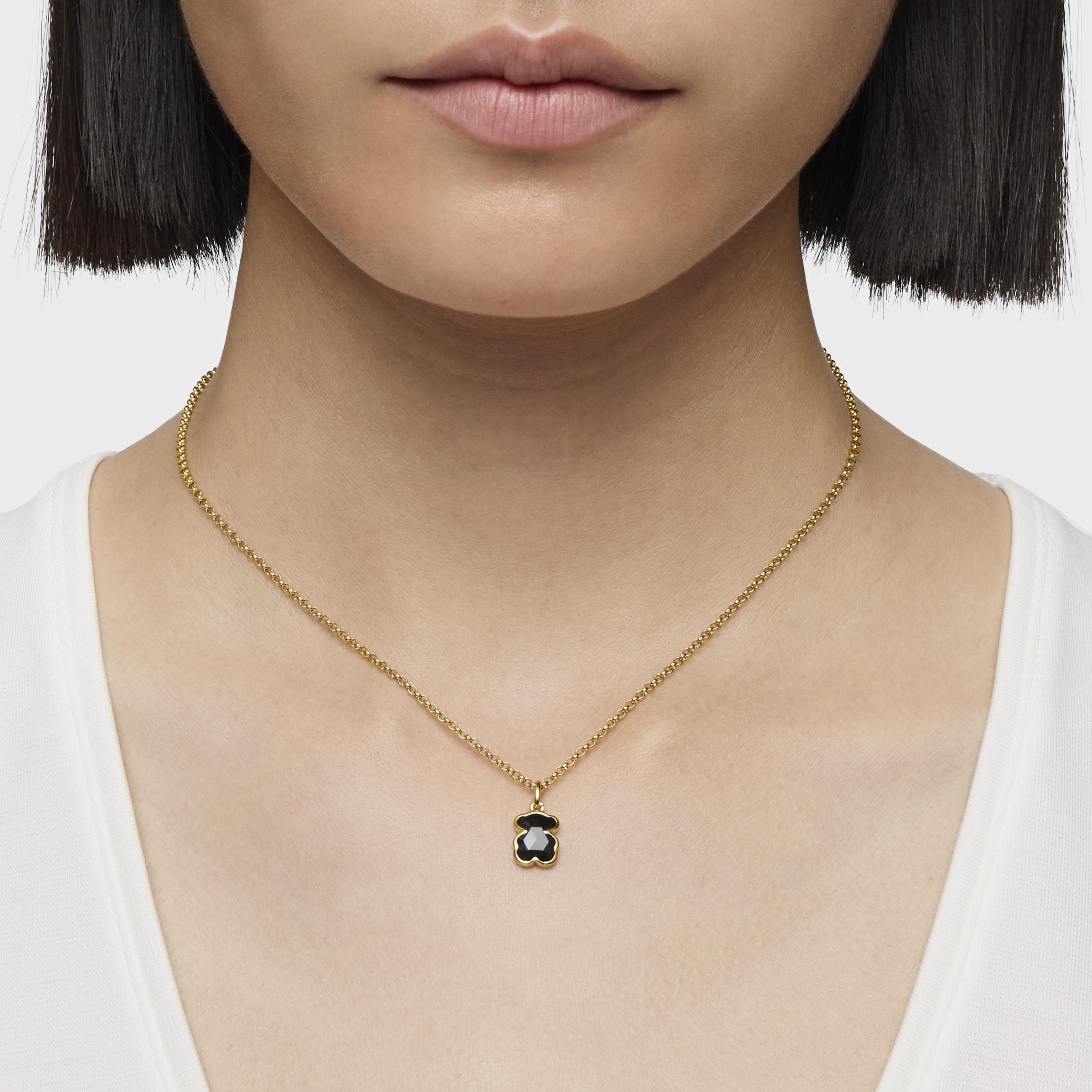 Collar corto con baño de oro 18 kt sobre plata y motivo oso en ónix Icon Color