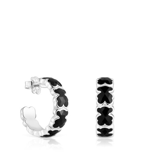 Pendientes de aro de plata y osos en ónix Icon Color