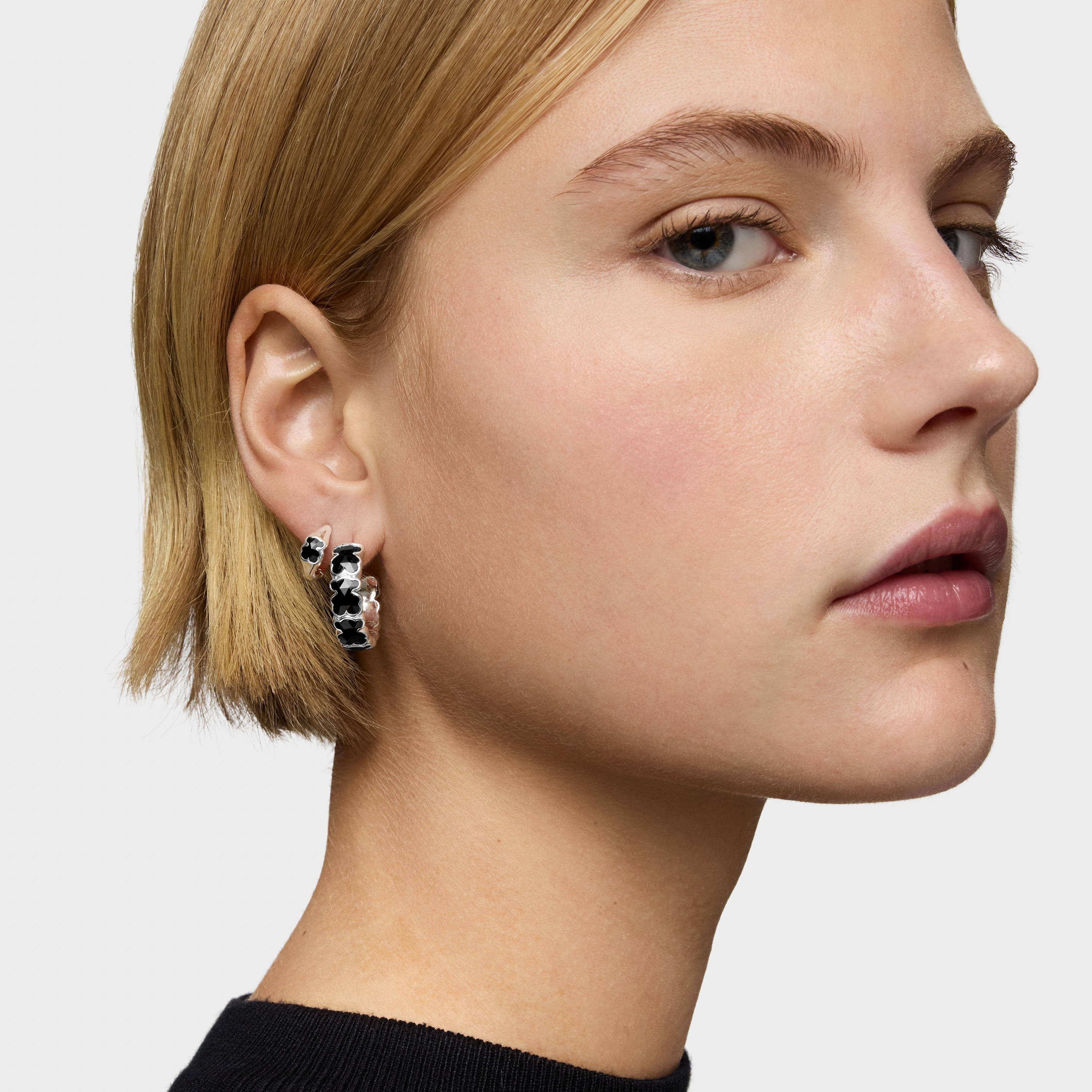 Silver Hoop earrings with onyx bears TOUS Icon Color