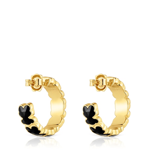 Pendientes de aro con baño de oro 18 kt sobre plata y osos en ónix Icon Color