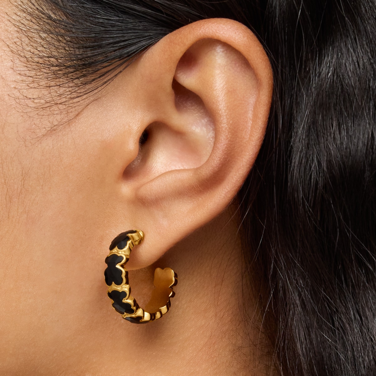 18kt gold over silver Hoop earrings with onyx bear motif TOUS Icon Color