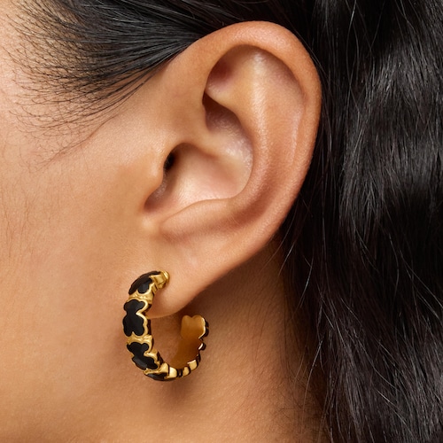 Pendientes de aro con baño de oro 18 kt sobre plata y osos en ónix Icon Color