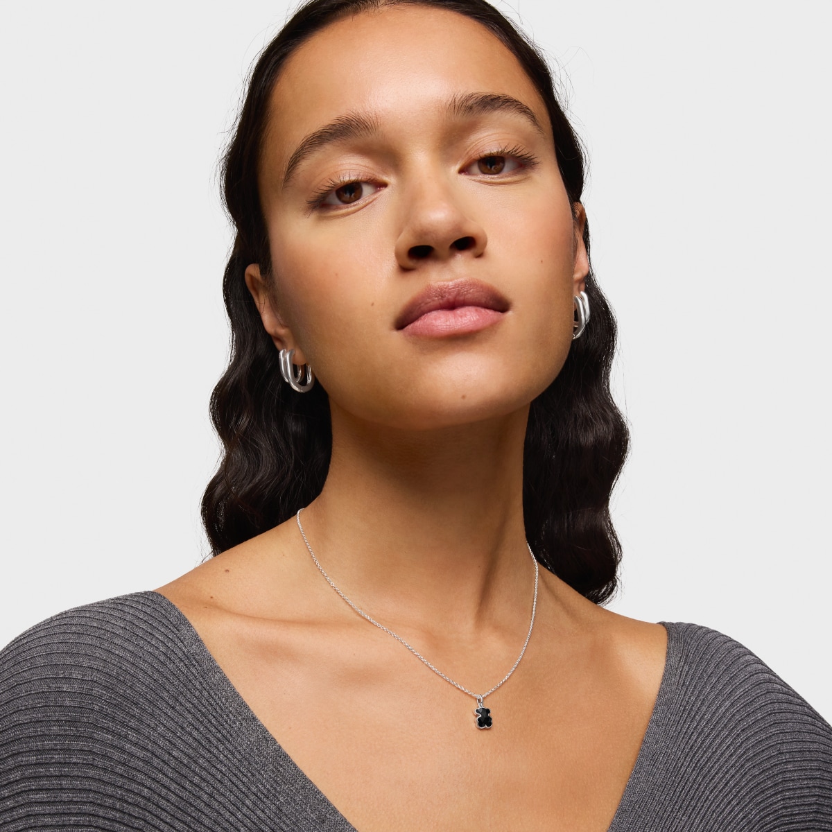 Short silver Necklace with onyx bear motif TOUS Icon Color