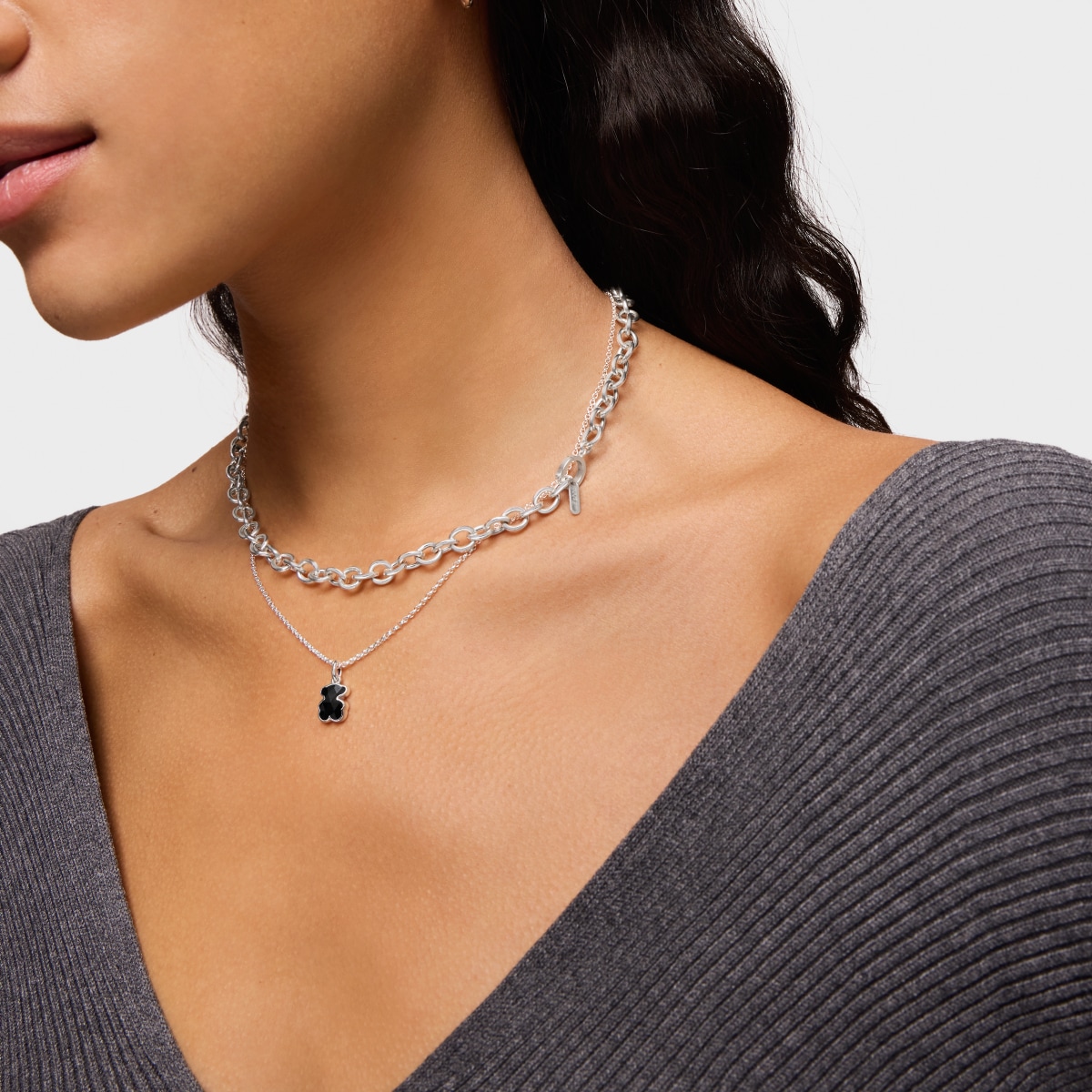 Short silver Necklace with onyx bear motif TOUS Icon Color