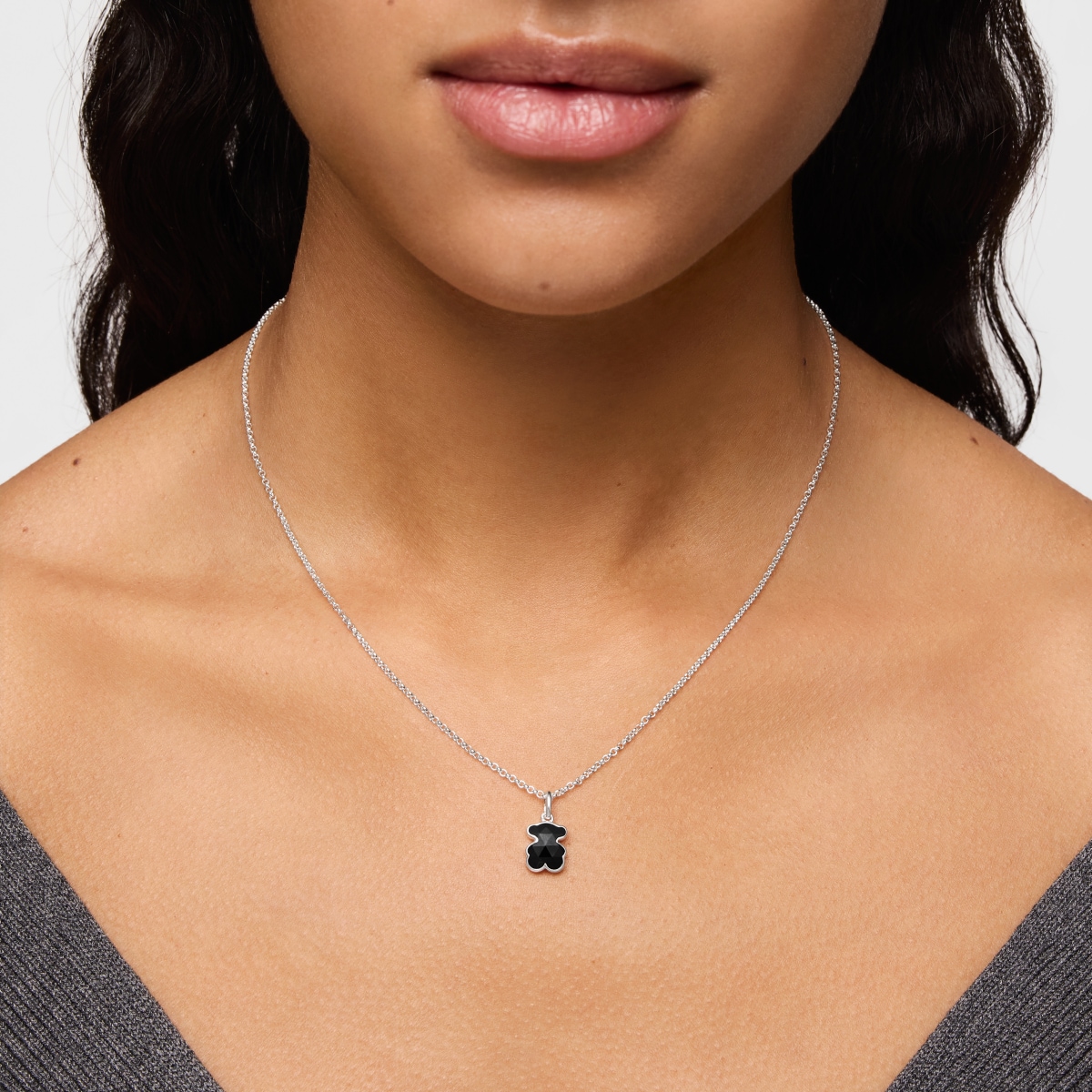 Short silver Necklace with onyx bear motif TOUS Icon Color