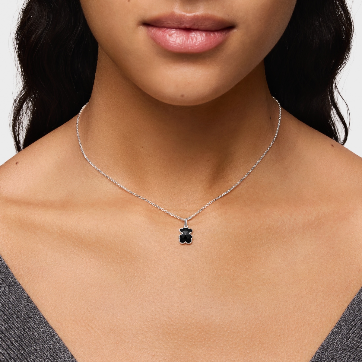 Short silver Necklace with onyx bear motif TOUS Icon Color