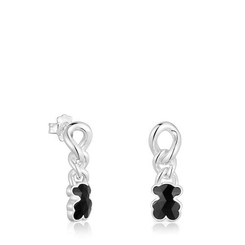 Pendientes cortos oso de plata y ónix Icon Color