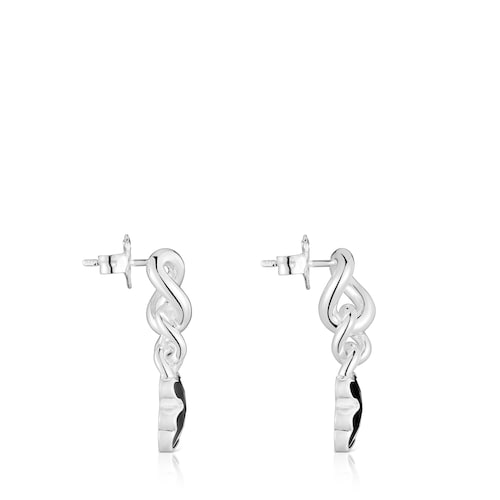 Pendientes cortos oso de plata y ónix Icon Color