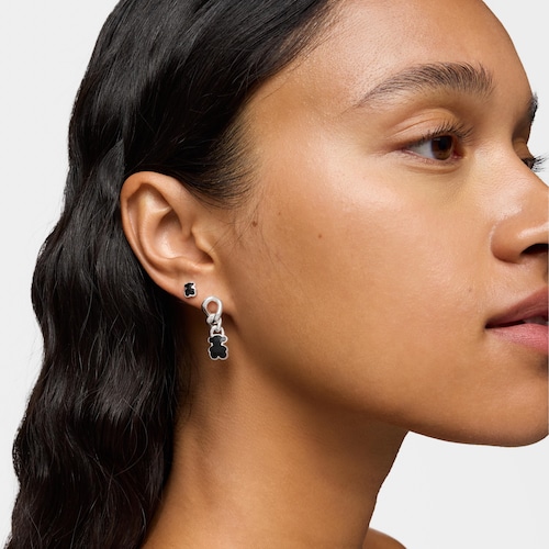Pendientes cortos oso de plata y ónix Icon Color