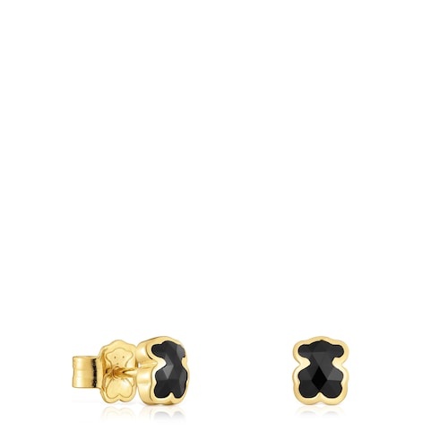 Pendientes oso con baño de oro 18 kt sobre plata y ónix 6 mm Icon Color