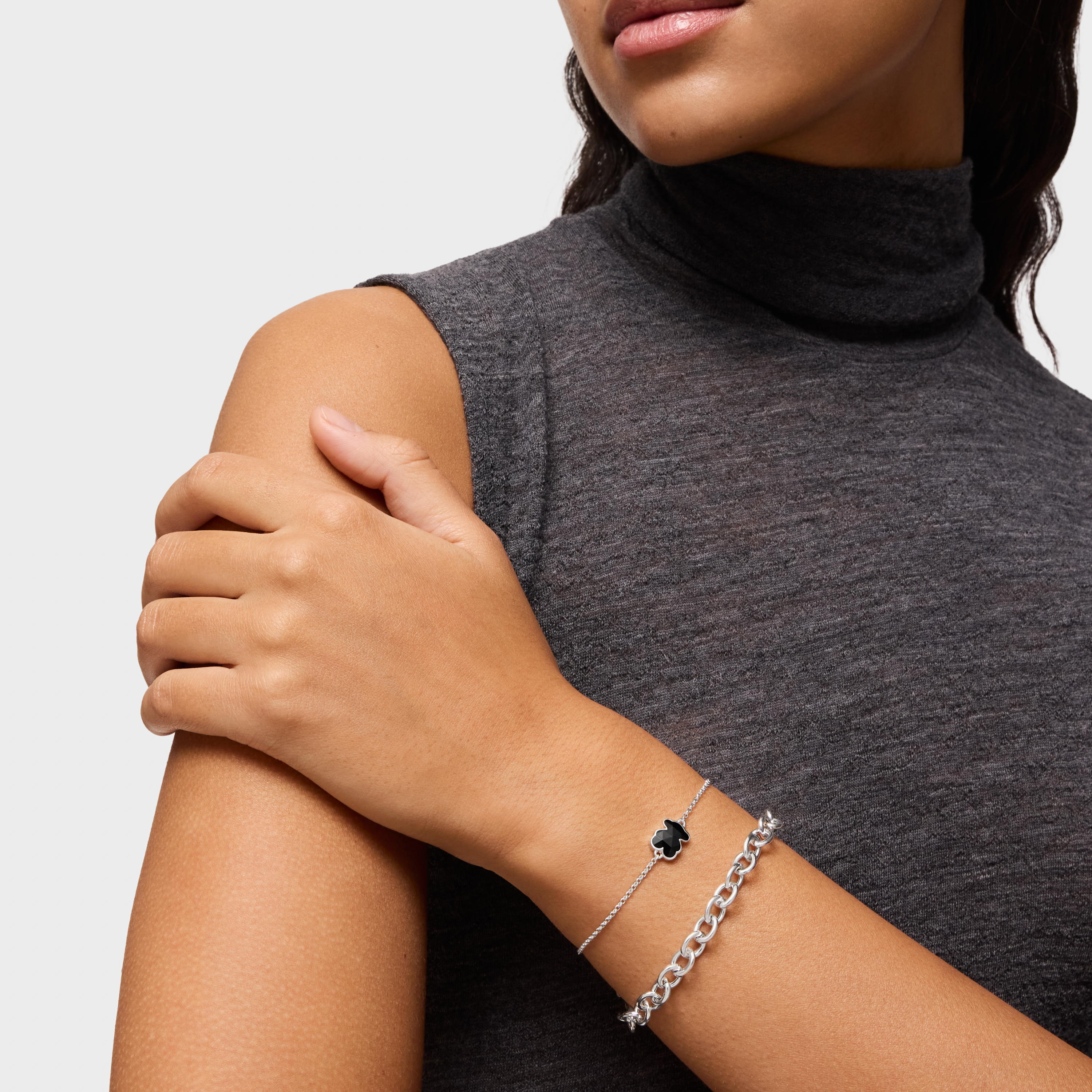 Silver chain Bracelet with onyx bear charm TOUS Icon Color