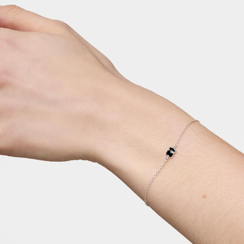 Kettenarmband TOUS Icon Color aus Silber mit 6&nbsp;mm gro&szlig;em B&auml;renmotiv aus Onyx