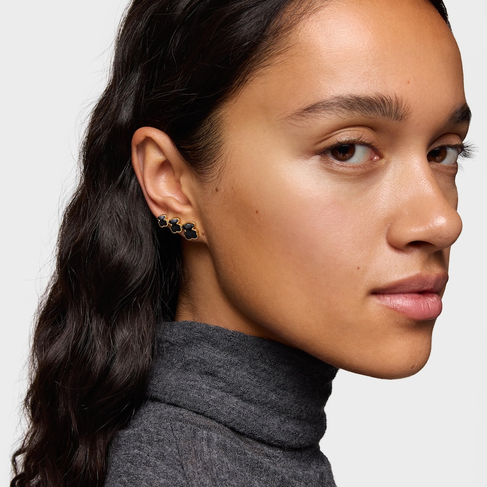 Pendientes trepadores con baño de oro 18 kt sobre plata y motivos oso con ónix Icon Color Pendientes trepadores con baño de oro 18 kt sobre plata y motivos oso con ónix Icon Color