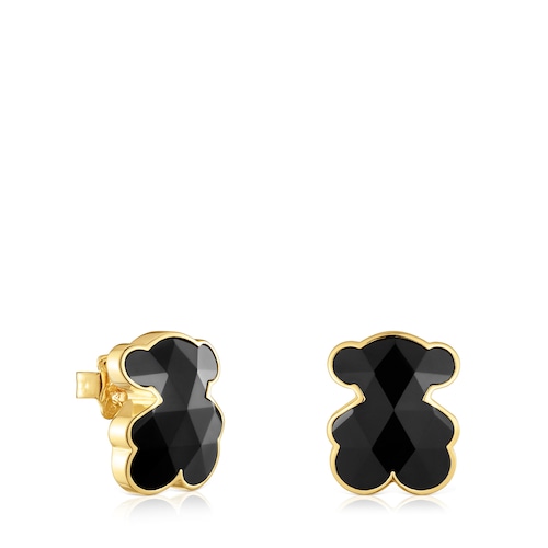 16 mm 18kt gold plating over silver bear Earrings with onyx TOUS Icon Color