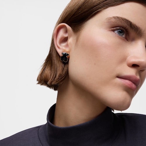 16 mm 18kt gold plating over silver bear Earrings with onyx TOUS Icon Color