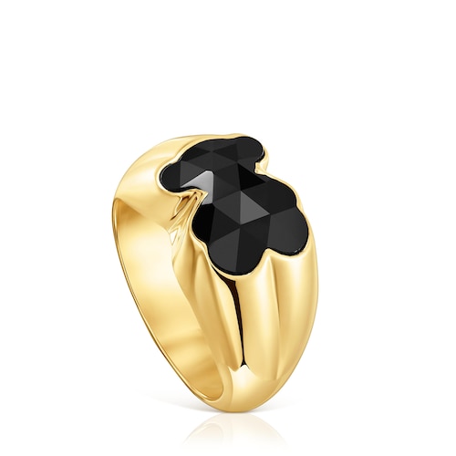 Medium 18kt gold plating over silver Ring with onyx bear motif TOUS Icon Color
