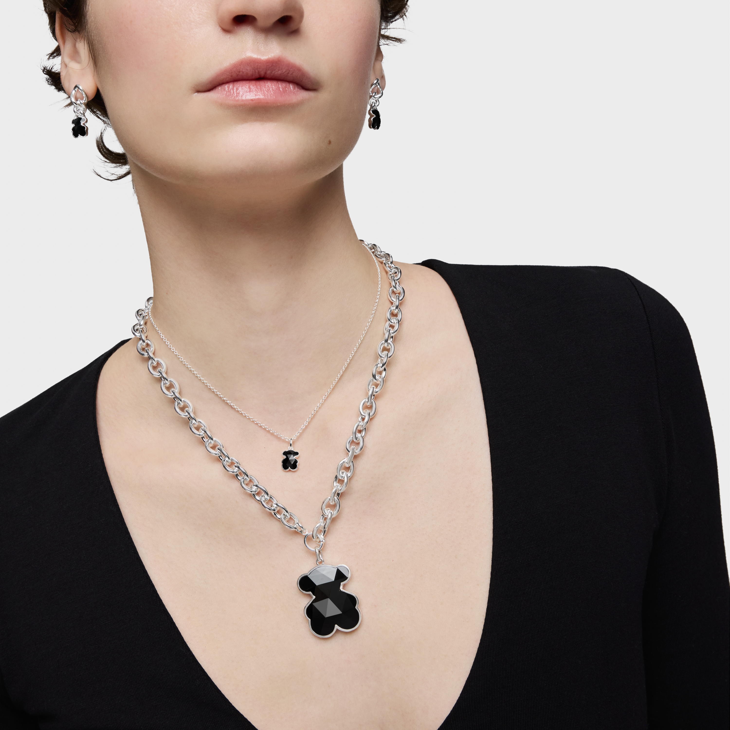Large silver Pendant with onyx bear motif TOUS Icon Color